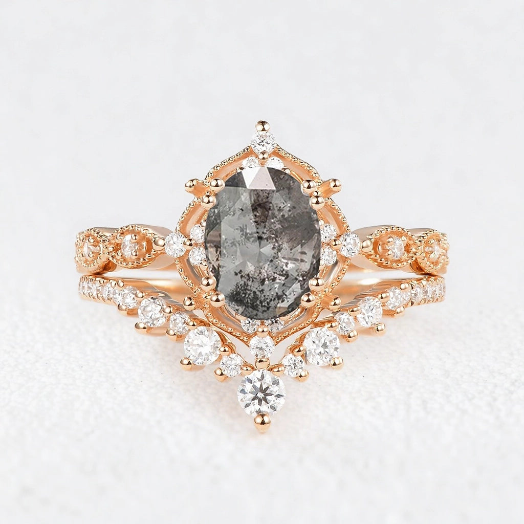 Charlotte’s Grace | 1.5CT Oval Salt & Pepper Diamond Vintage Bridal Set 2pcs