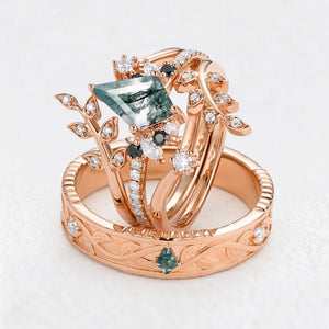 Eleonora’s Quartet | Kite Moss Agate & Black Moissanite Couple Set 4pcs