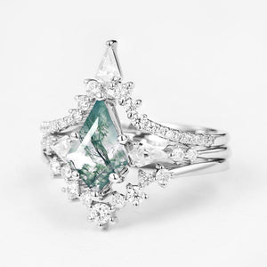 Tyler Twin Flames Kite Cut Moss Agate Engagement Ring Set 3pcs.