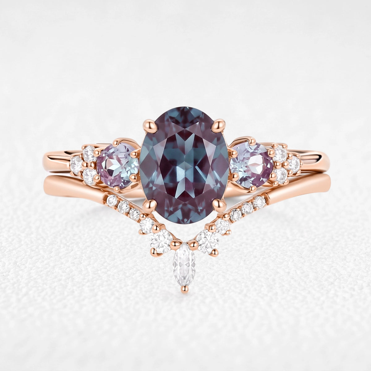 Sylvie’s Frond | Oval Cut Alexandrite Cluster Chevron Bridal Set 2pcs
