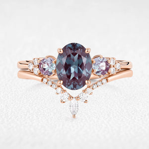 Sylvie’s Frond | Oval Cut Alexandrite Cluster Chevron Bridal Set 2pcs
