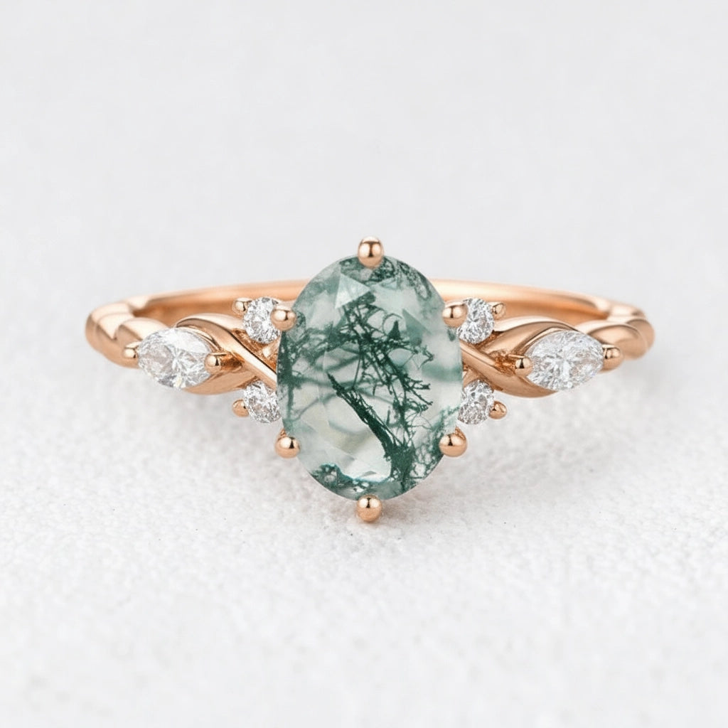 Flora’s Eternal | Oval Moss Agate Infinity Engagement Ring
