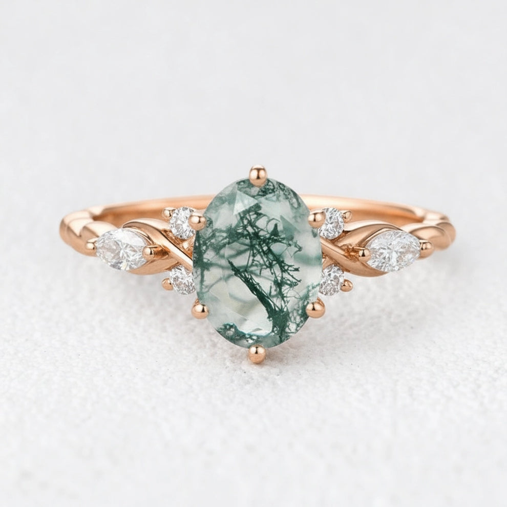 Flora’s Eternal | Oval Moss Agate Infinity Engagement Ring