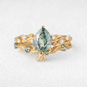 Clarissa’s Constellation | Pear Moss Agate & Green Sapphire Couple Ring Set