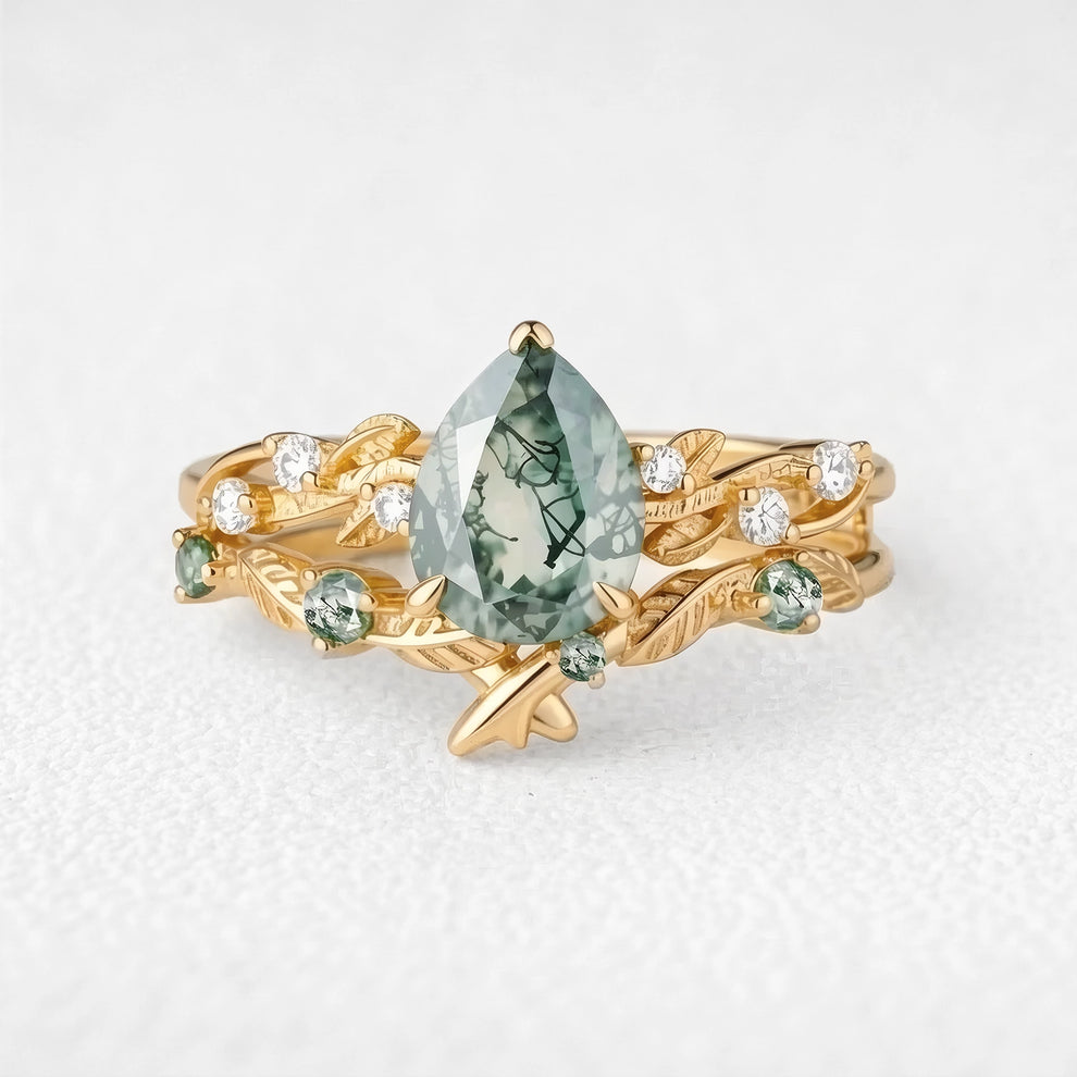 Clarissa’s Constellation | Pear Moss Agate & Green Sapphire Couple Ring Set