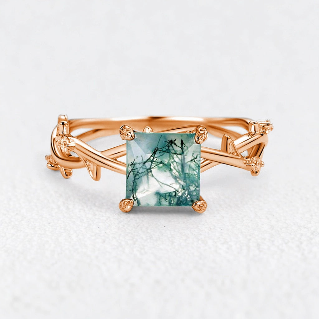 Marguerite’s Vine | Princess Cut Moss Agate Engagement Ring