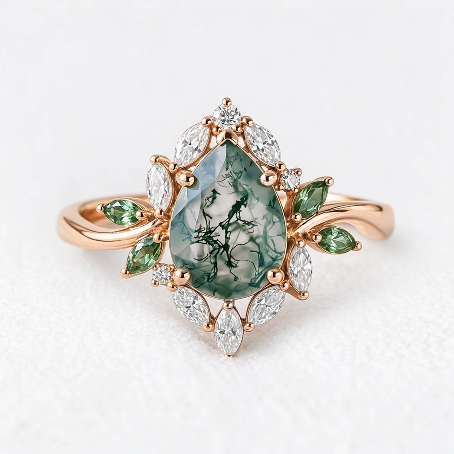 Daphne's Bloom | Pear Moss Agate & Diamond Cluster Engagement Ring