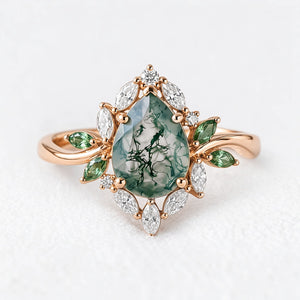 Daphne's Bloom | Pear Moss Agate & Diamond Cluster Engagement Ring