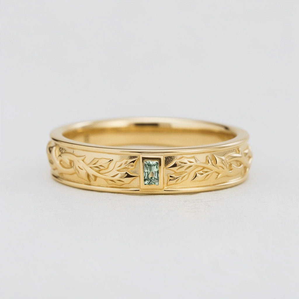 Mistletoe Forge | Bezel Baguette Green Sapphire Men's Wedding Band.