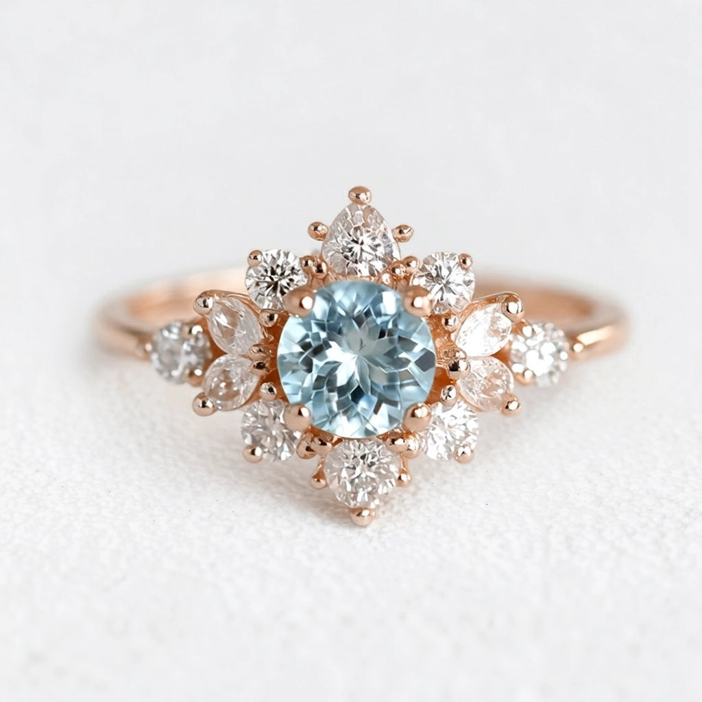 Marina's Blossom | Round Cut Aquamarine Engagement Ring With Pear Moissanite Petals.