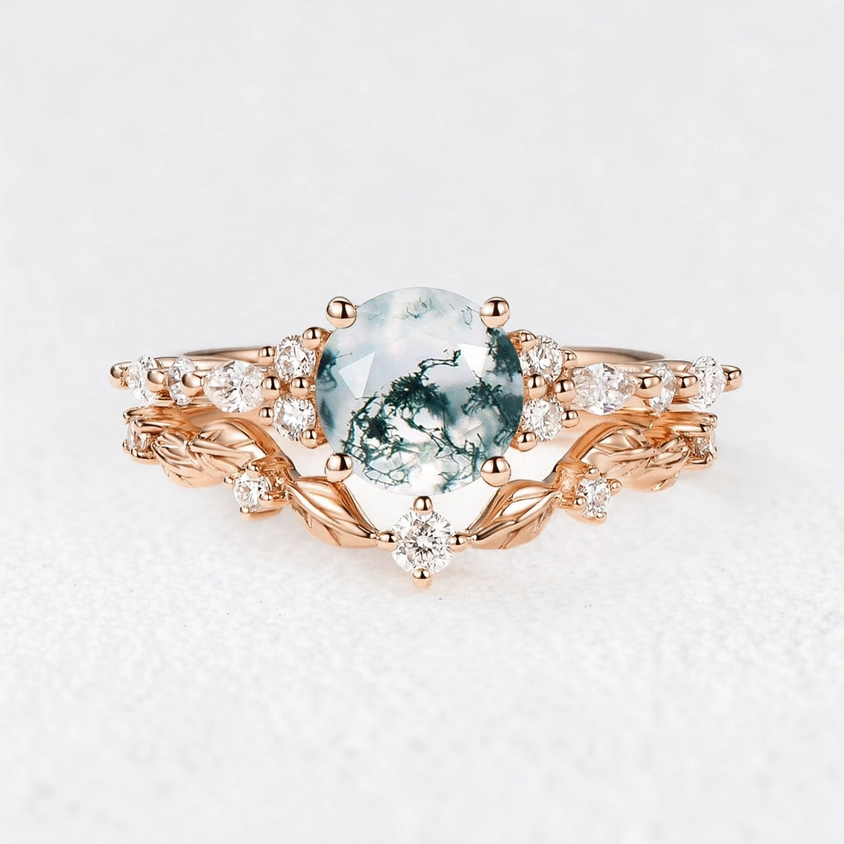 Isadora’s Verdant | Round Moss Agate Vine Engagement Bridal Set 2pcs