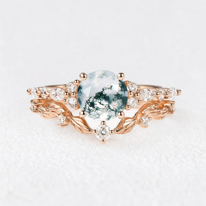 Isadora’s Verdant | Round Moss Agate Vine Engagement Bridal Set 2pcs