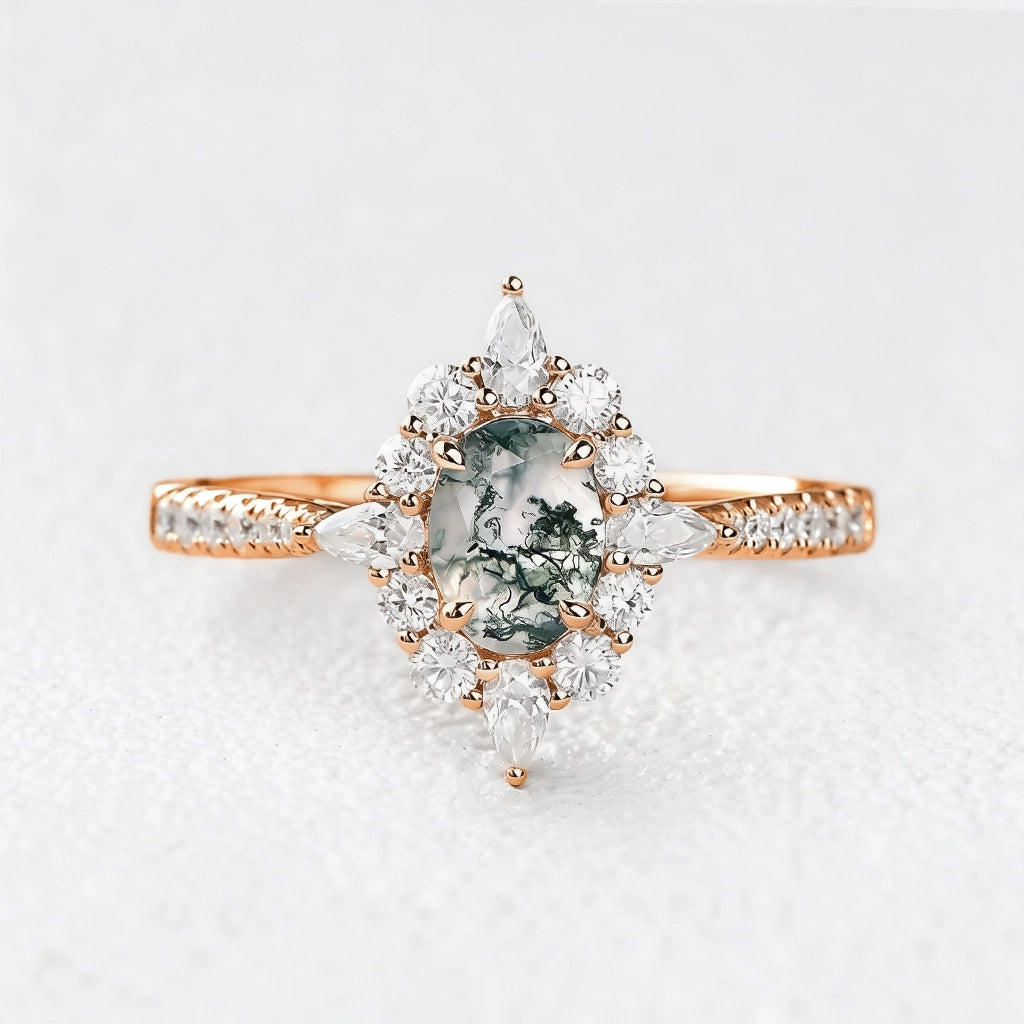 Isadora’s Meadow | Vintage Oval Moss Agate Halo Engagement Ring