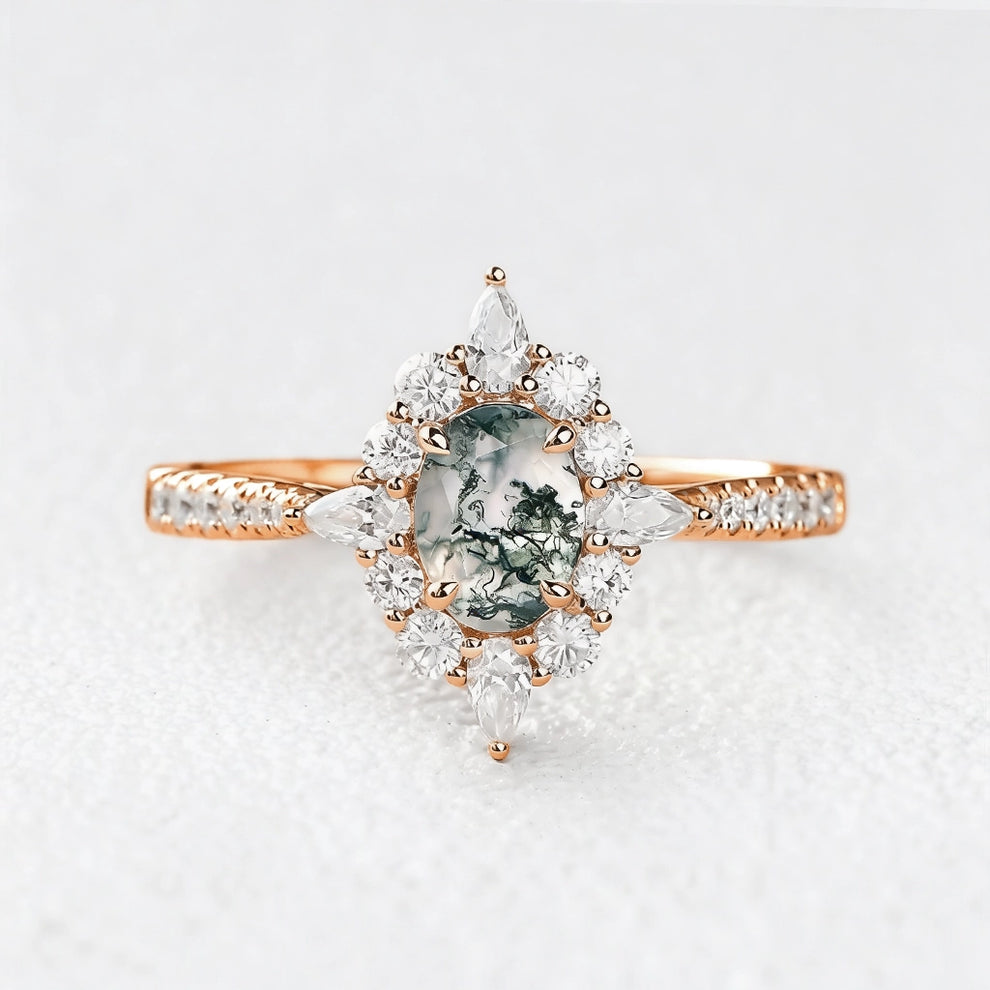 Isadora’s Meadow | Vintage Oval Moss Agate Halo Engagement Ring