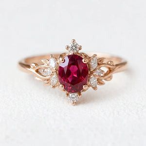 Roselight Briar | Oval Ruby Engagement Ring with Scattered Diamond Leaves