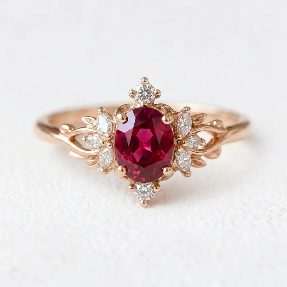 Roselight Briar | Oval Ruby Engagement Ring with Scattered Diamond Leaves