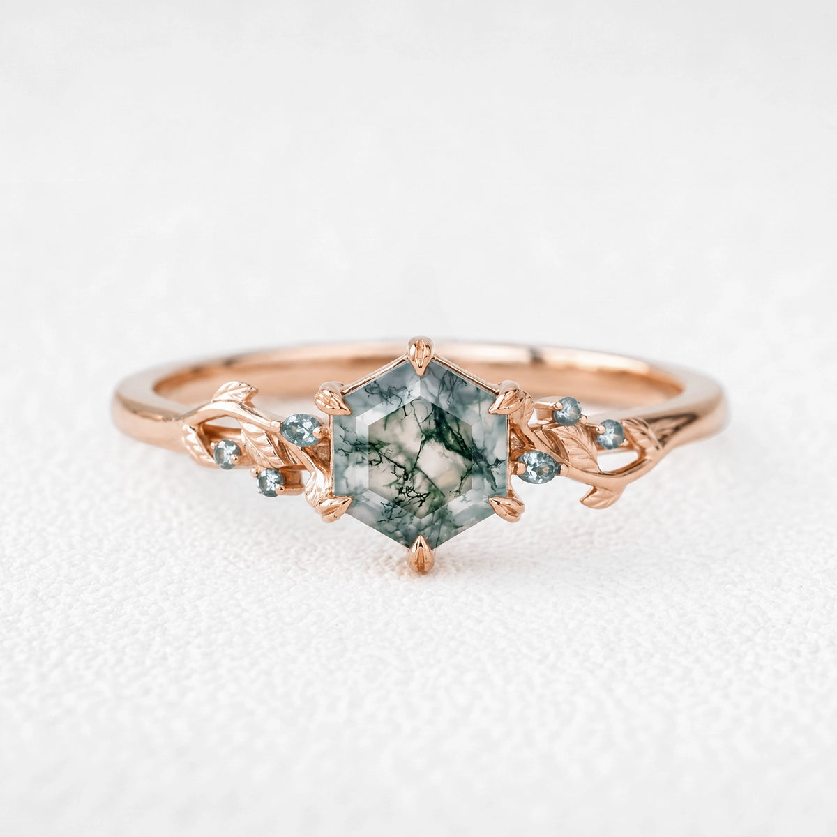 Celandine’s Twine | Hexagon Cut Moss Agate Foliage Engagement Ring