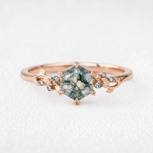 Celandine’s Twine | Hexagon Cut Moss Agate Foliage Engagement Ring