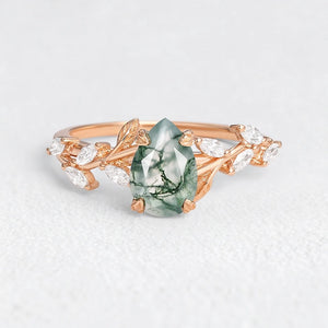 Celandine’s Tendril | Pear Cut Moss Agate Vine Engagement Ring.