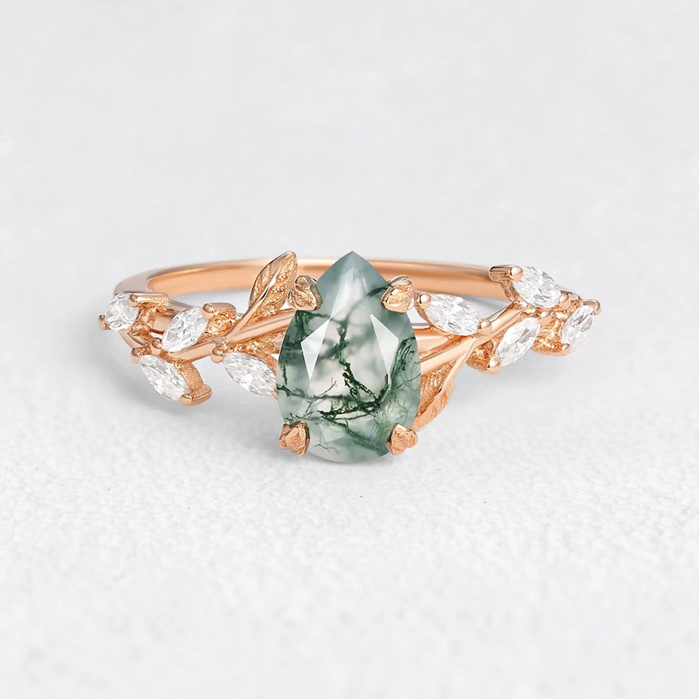 Celandine’s Tendril | Pear Cut Moss Agate Vine Engagement Ring.