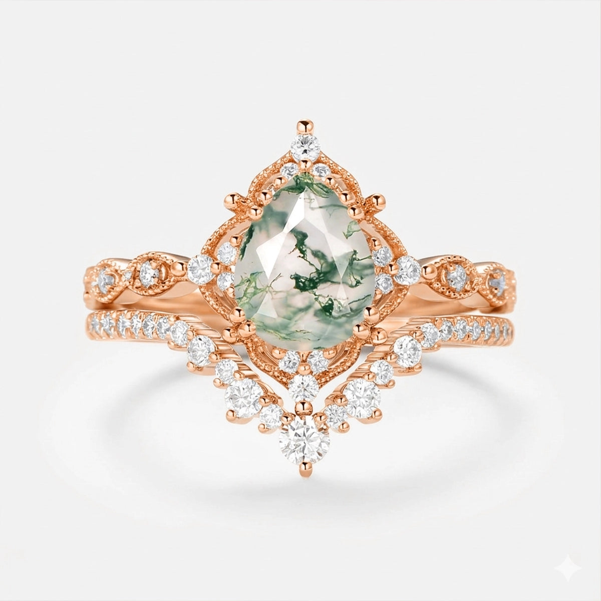 Charlotte Signature Vintage - Pear Cut Moss Agate Vintage Ring Set 2pcs.