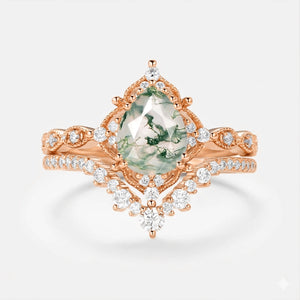 Charlotte Signature Vintage - Pear Cut Moss Agate Vintage Ring Set 2pcs.