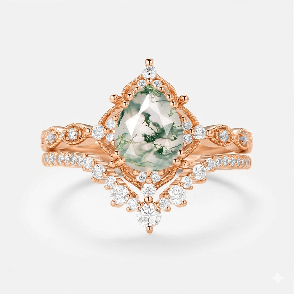 Charlotte Signature Vintage - Pear Cut Moss Agate Vintage Ring Set 2pcs.