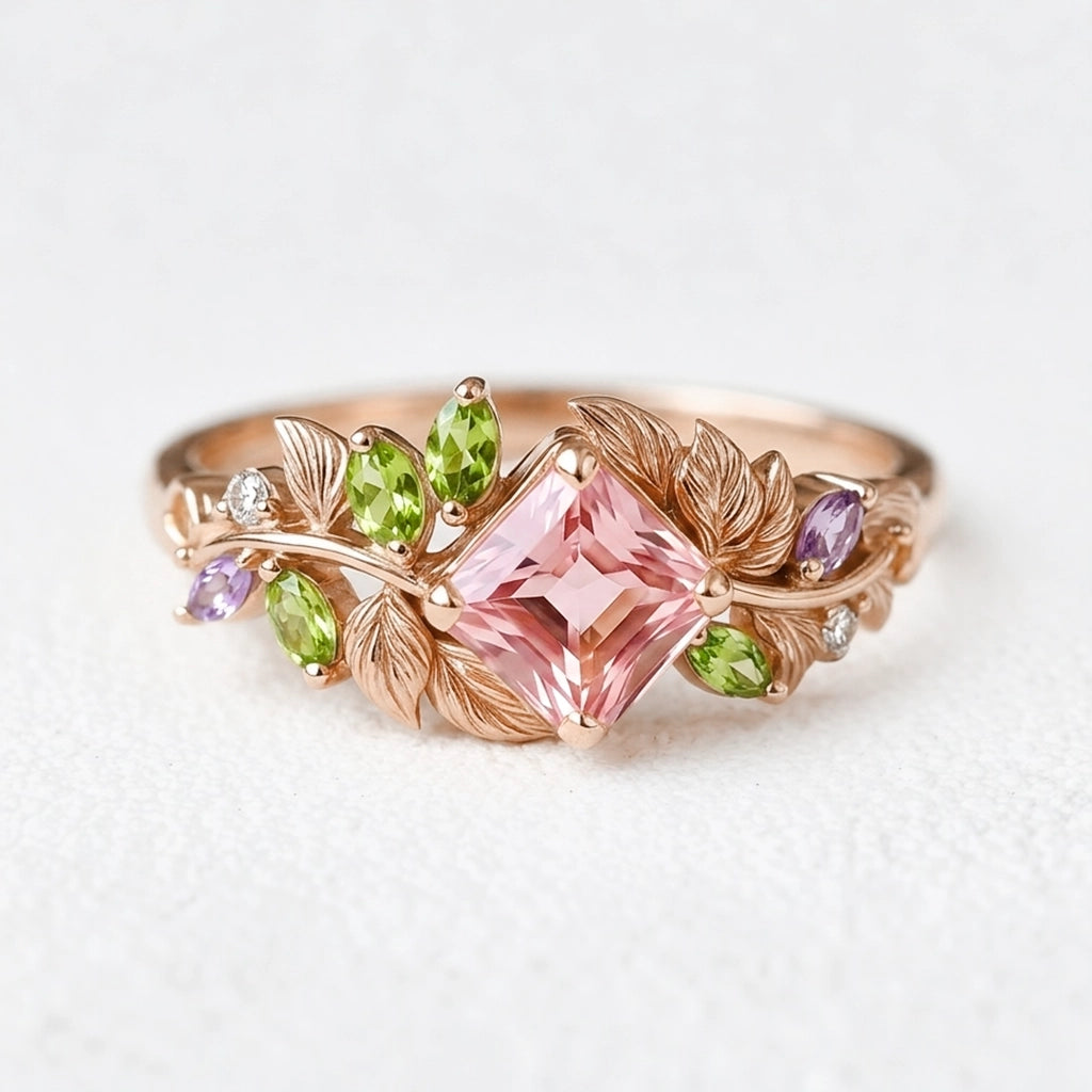 Celeste’s Blossom | Pink Princess Cut Tourmaline Engagement Ring.