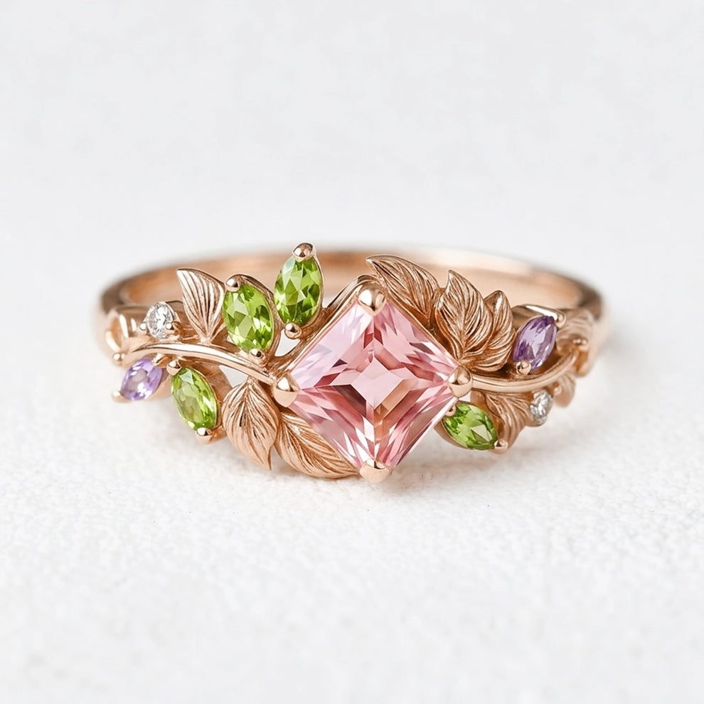 Celeste’s Blossom | Pink Princess Cut Tourmaline Engagement Ring.