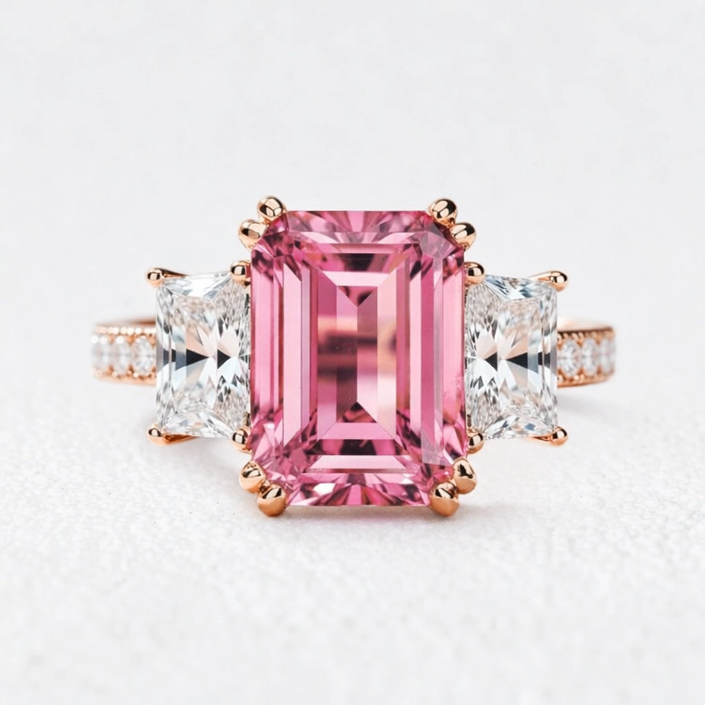 Cleo's Romance | 3CT Emerald Cut Pink Sapphire Engagement  Ring