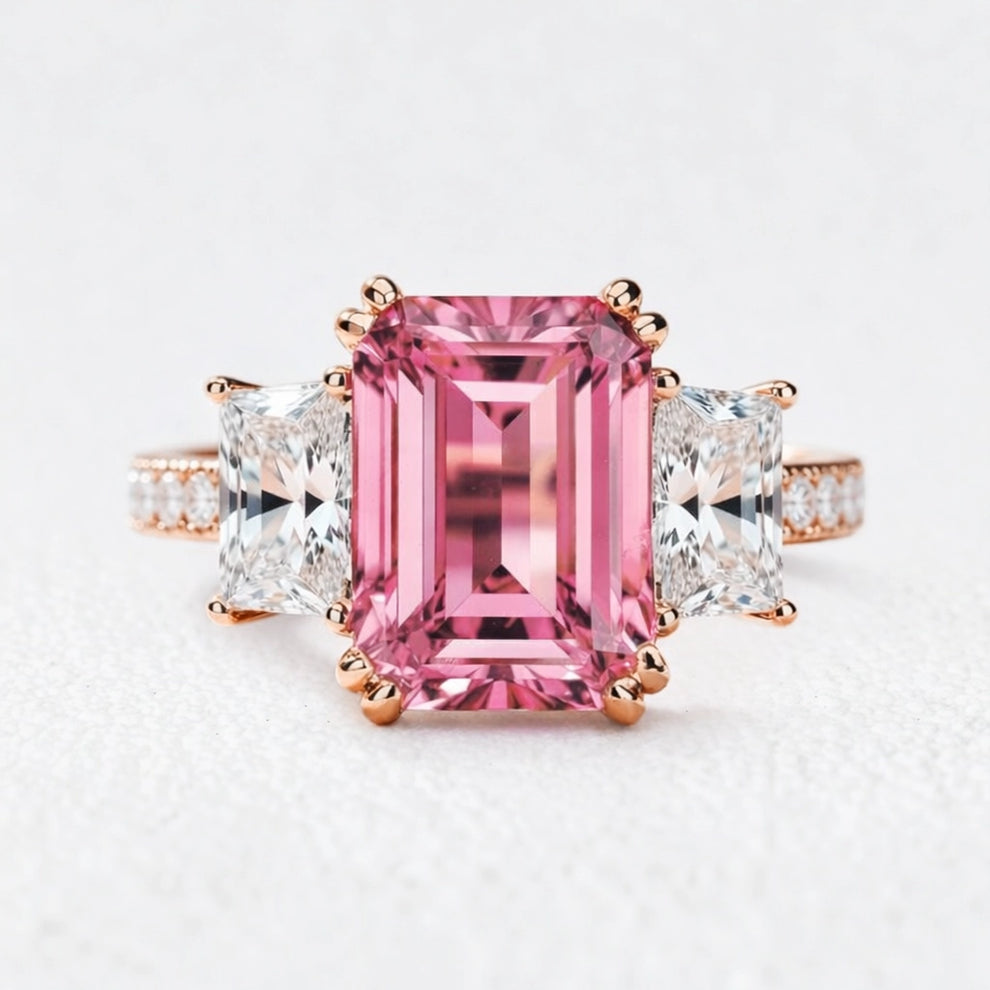 Cleo's Romance | 3CT Emerald Cut Pink Sapphire Engagement  Ring