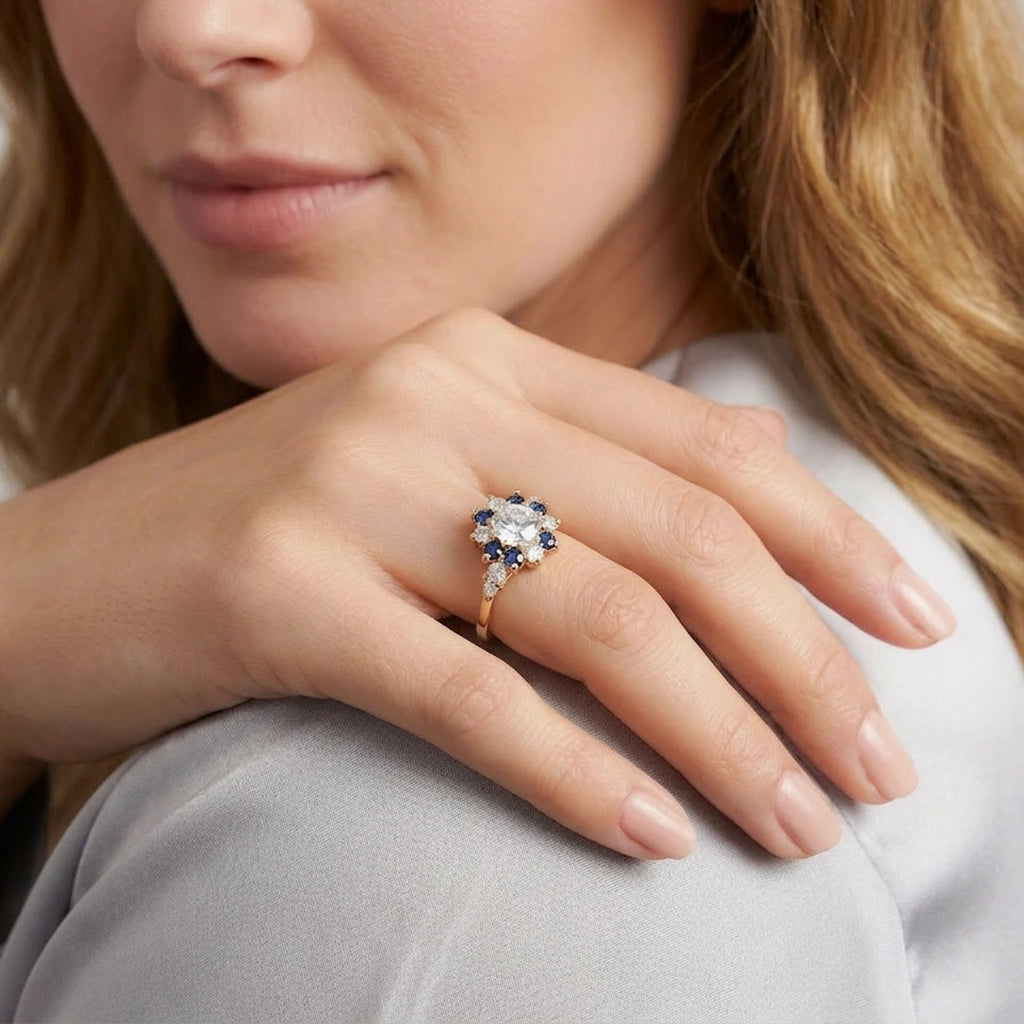 Vivienne’s Blossom | White & Blue Sapphire Engagement Ring.