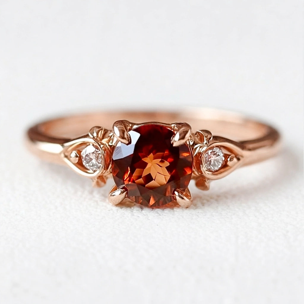 Rosalyn’s Emberpetal | Burning Rose Dainty Natural Garnet Engagement Ring.