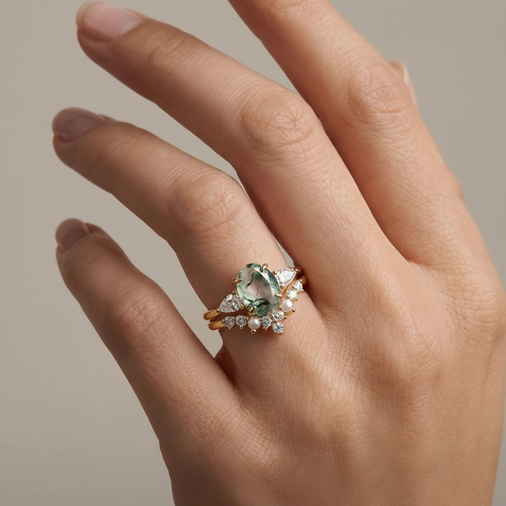 Nancy Oval Cut Moss Agate Vintage Gold Ring Set 2pcs.
