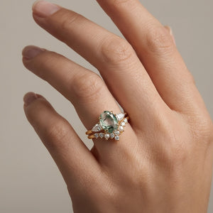 Nancy Oval Cut Moss Agate Vintage Gold Ring Set 2pcs.