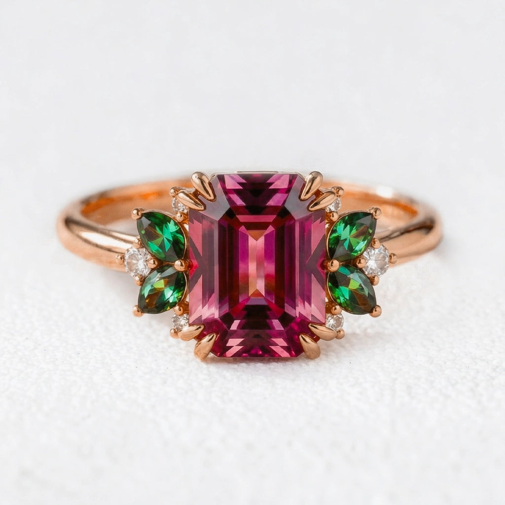 Scarlett’s Ode | 3CT Emerald Cut Ruby Halo Engagement Ring