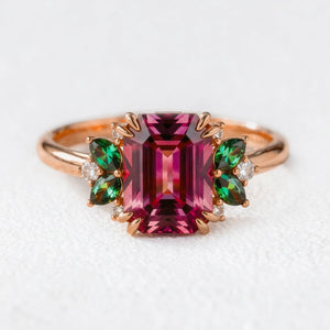 Scarlett’s Ode | 3CT Emerald Cut Ruby Halo Engagement Ring
