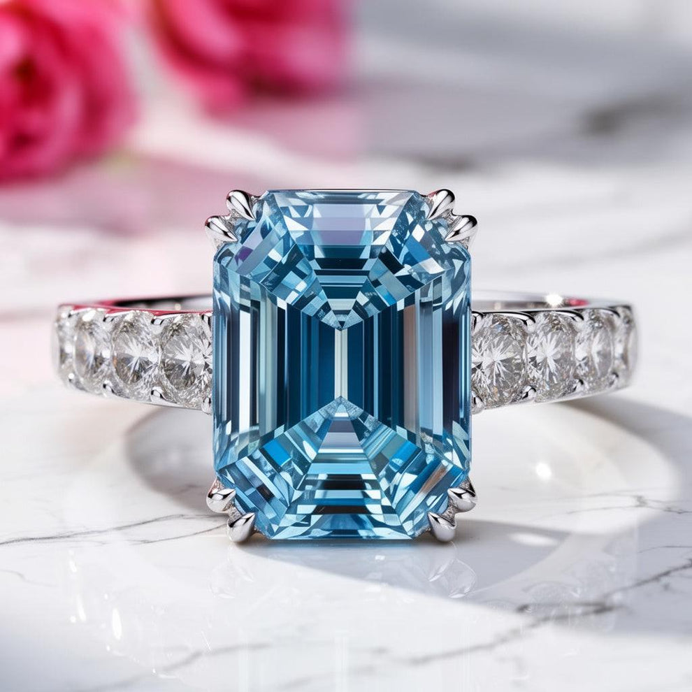 Marina‘s Aegean | 3CT Emerald Cut Blue Gemstone Ring.