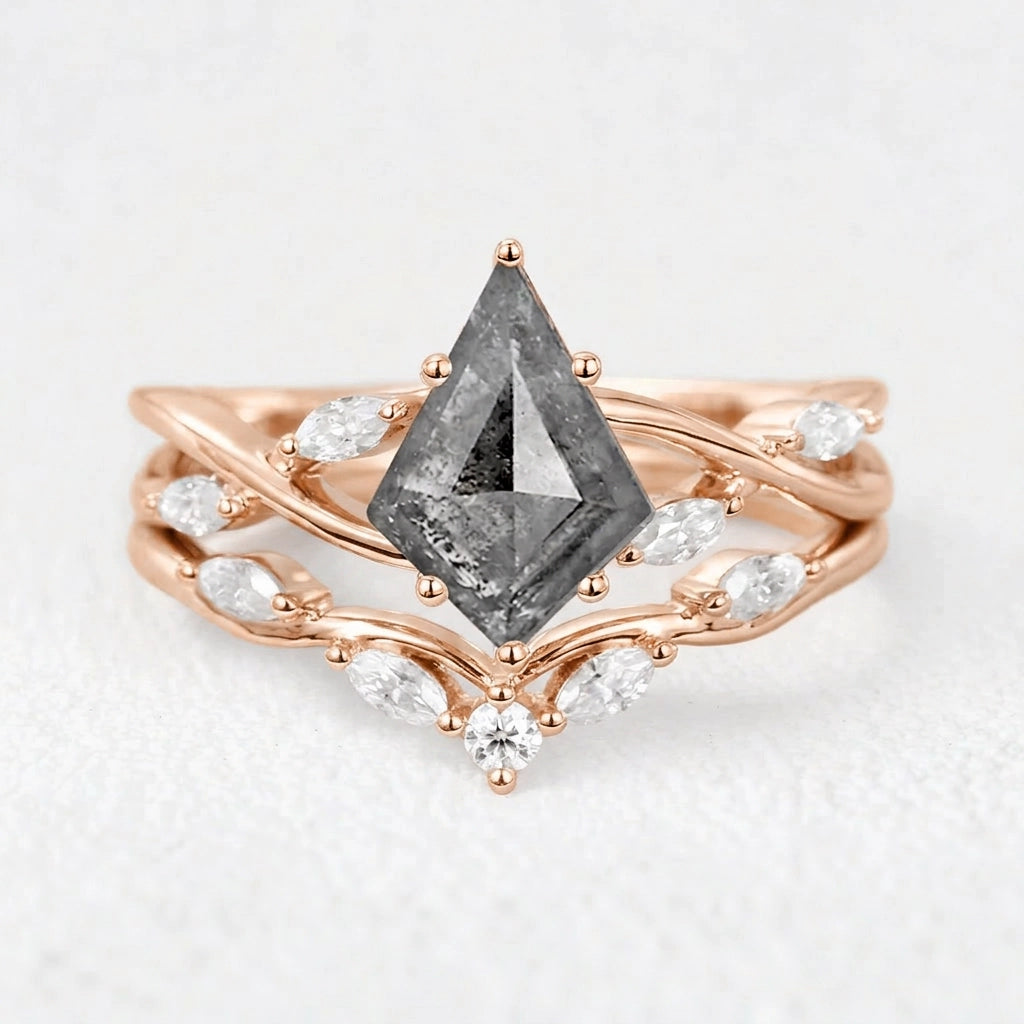 Isadora’s Drift | 1CT Kite Cut Salt & Pepper Diamond Bridal Set 2pcs
