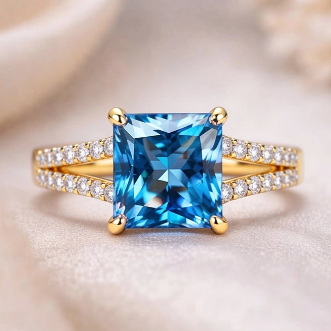Aurora’s Gleam | 2CT Princess Cut Blue Sapphire Ring.