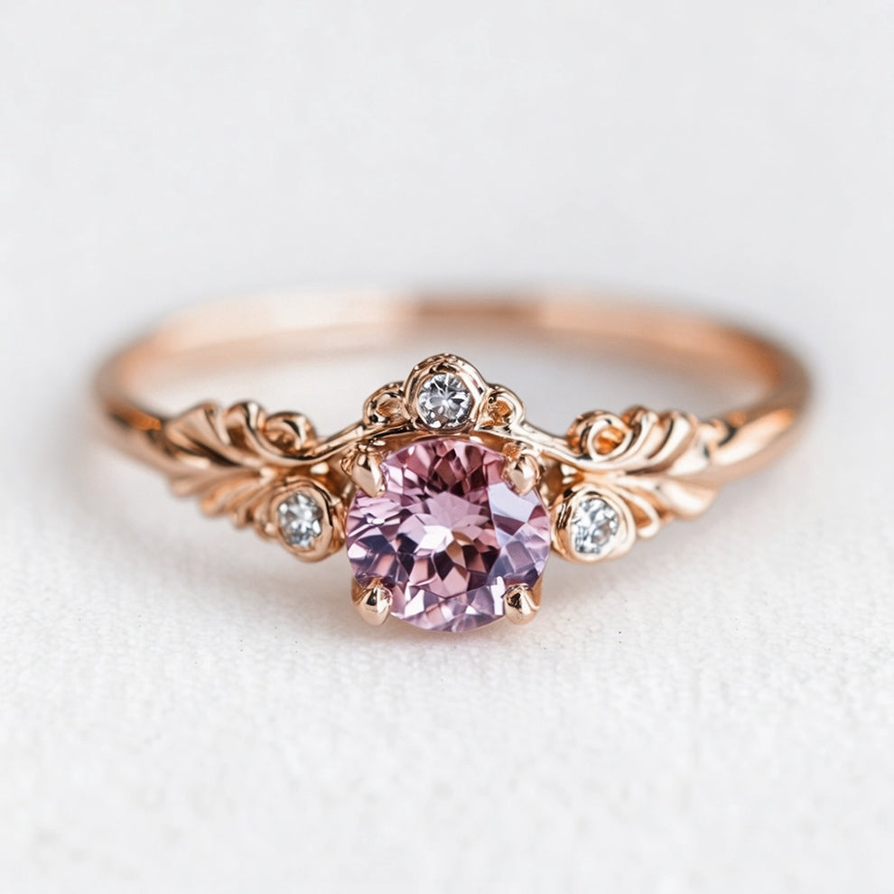 Aurelia’s Blossom | Round Rose Quartz Floral Halo Ring.