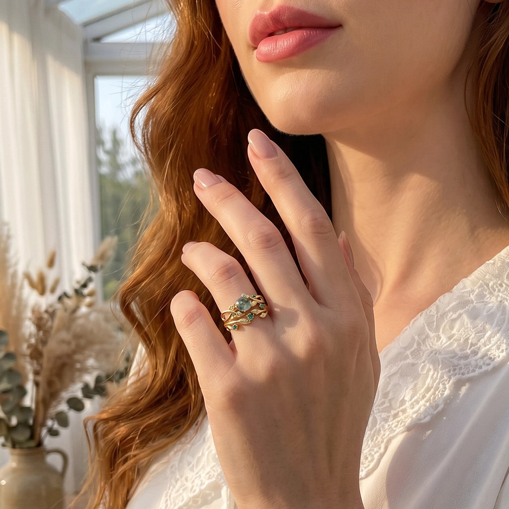 Nature Inspired Round Cut Moss Agate & Emerald Bridal Set.