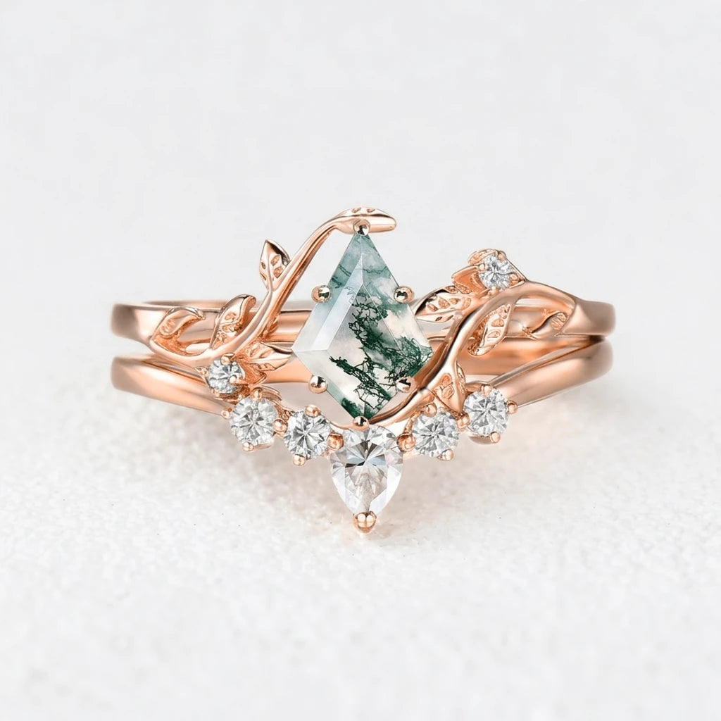 Kite Glade | Moss Agate Leafy Bridal Ring Set 2pcs