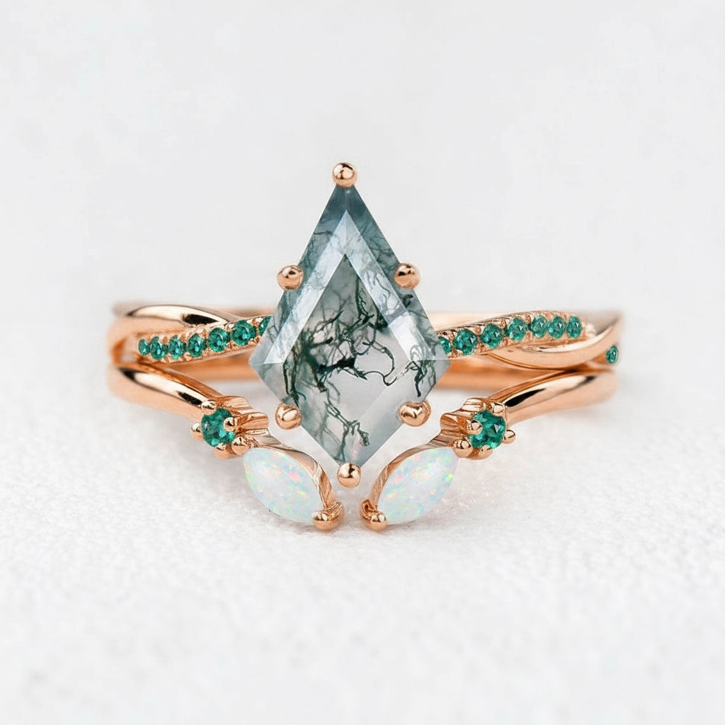 Isadora’s Mosaic | Kite Cut Moss Agate, Emerald & Opal Bridal Set 2pcs