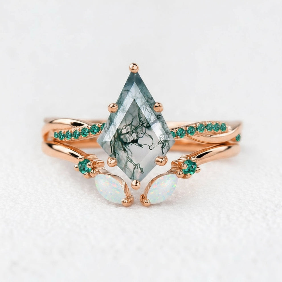 Isadora’s Mosaic | Kite Cut Moss Agate, Emerald & Opal Bridal Set 2pcs
