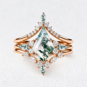 Sylvie’s Chevron | Kite Cut Green Moss Agate Engagement Ring Set 3pcs