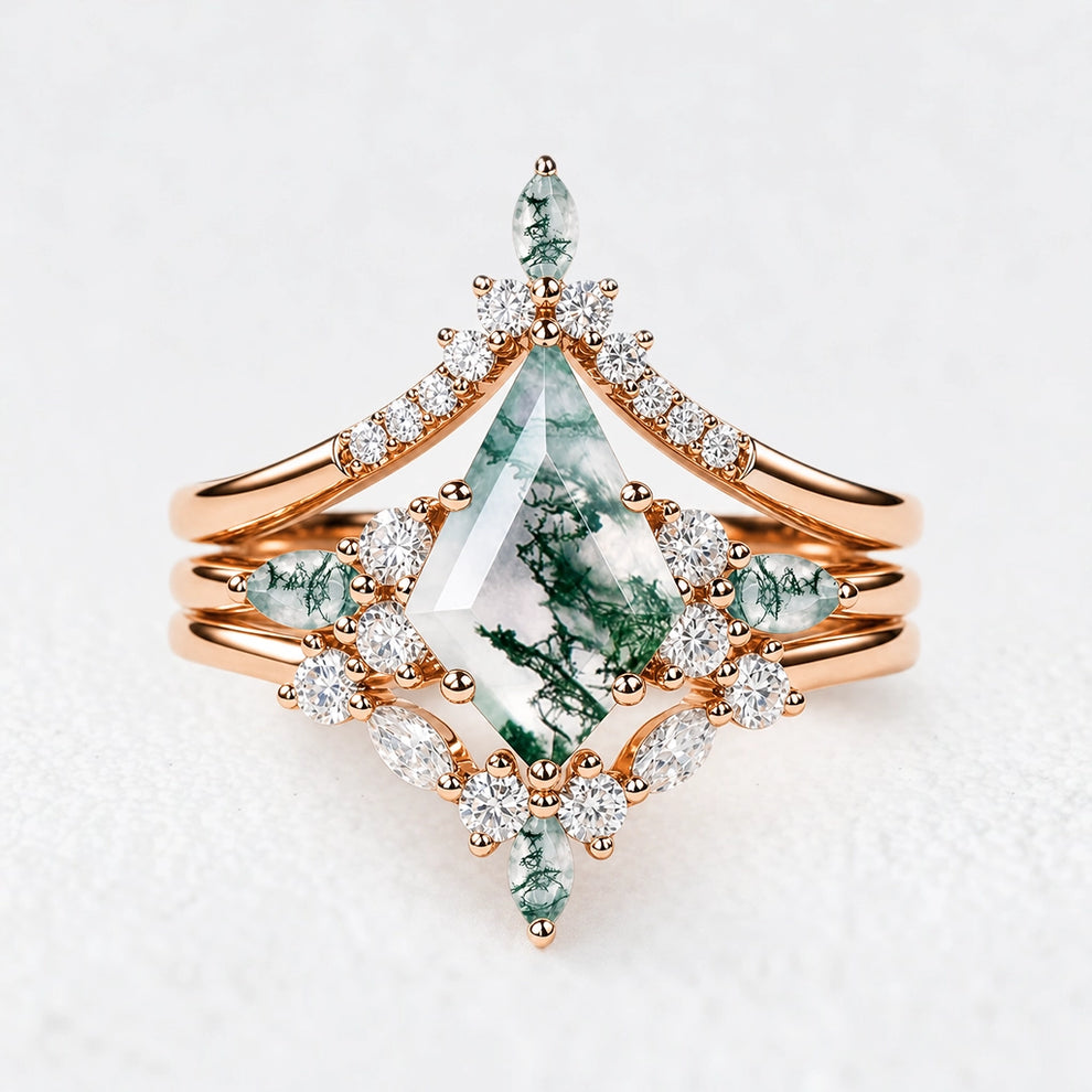 Sylvie’s Chevron | Kite Cut Green Moss Agate Engagement Ring Set 3pcs