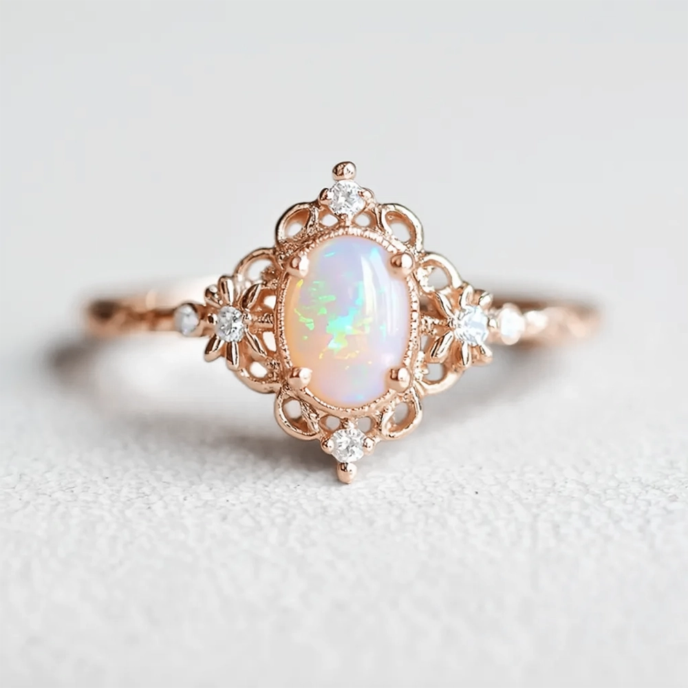 Aurora’s Sheen |  Classic Oval Opal Antique Engagement Ring.