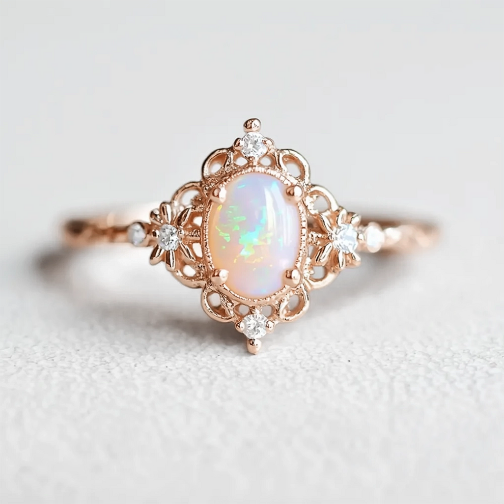 Aurora’s Sheen |  Classic Oval Opal Antique Engagement Ring.