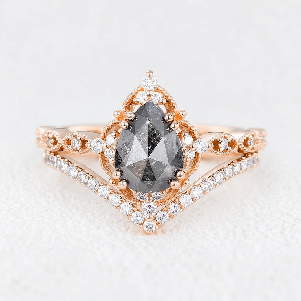 Isadora’s Reverie | Pear Cut Salt & Pepper Diamond Vintage Bridal Set 2pcs